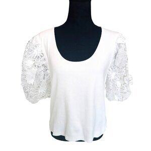 Dolan Womens M White Ribbed Top Floral Lace Balloon Sleeve Boho Cottage Coquette